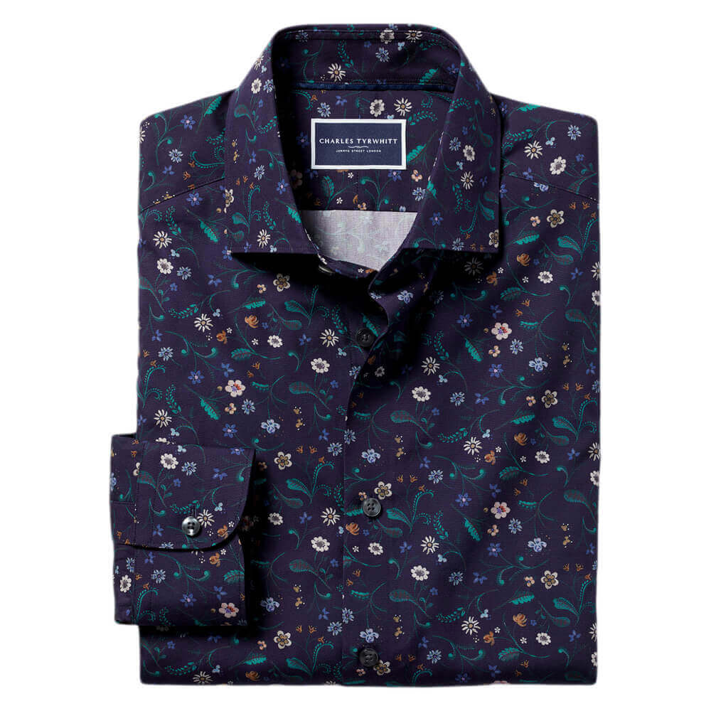 Charles Tyrwhitt Floral Semi-Cutaway Collar Shirt – Navy